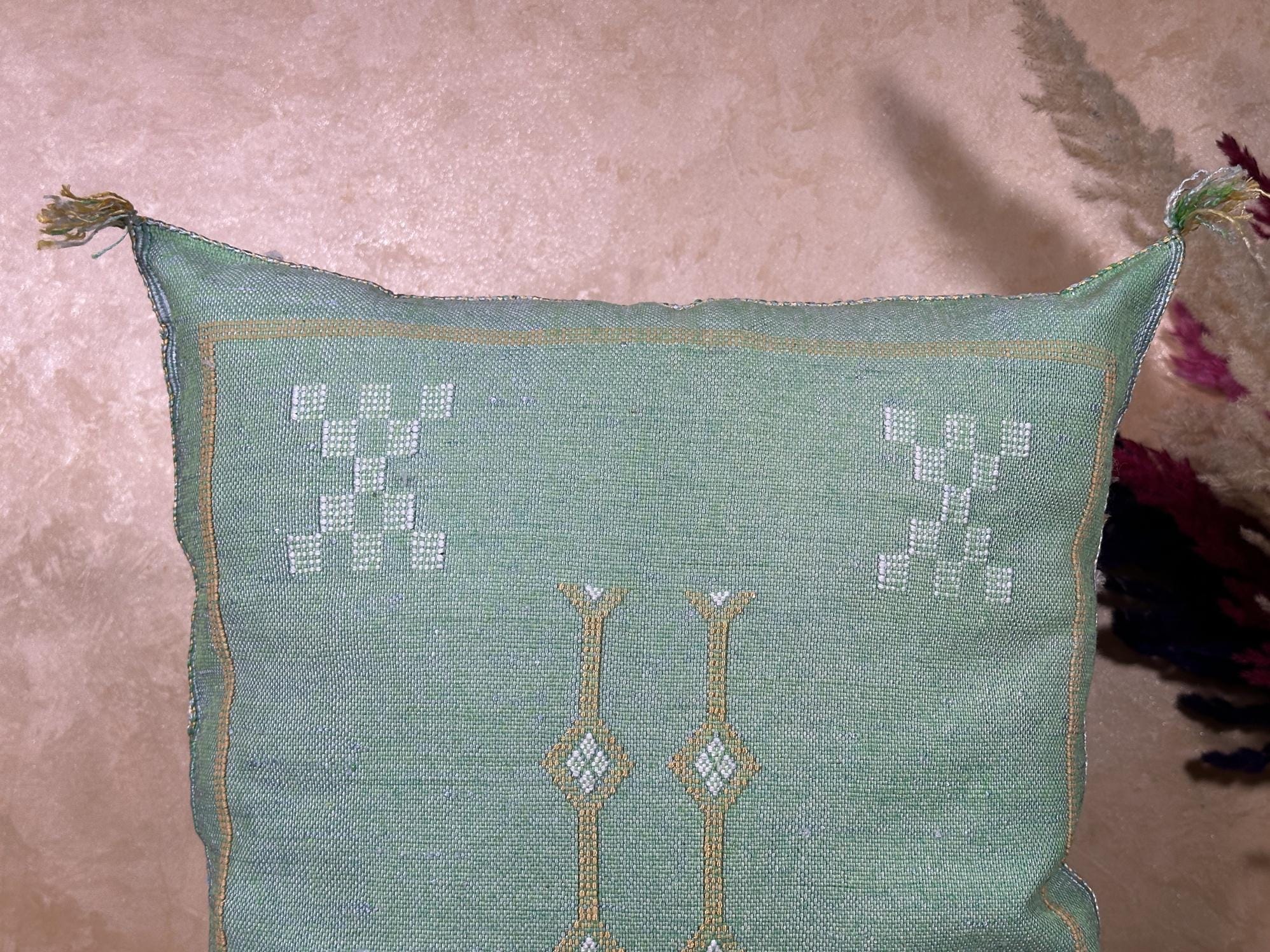 Mint Green Sabra Pillow Cover, Moroccan Boho Cushion, Handmade Cactus Silk Pillowcase With Woven Pattern - product image 2