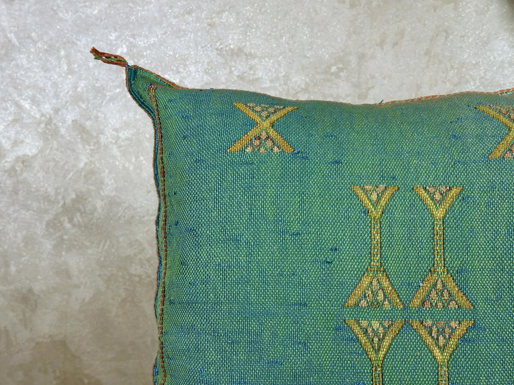 Teal Moroccan Boho Pillow Cover, Handmade Kilim Style Cushion Case with Gold Geometric Embroidery, Fringe - product image 6