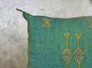 Teal Moroccan Boho Pillow Cover, Handmade Kilim Style Cushion Case with Gold Geometric Embroidery, Fringe - product image 6
