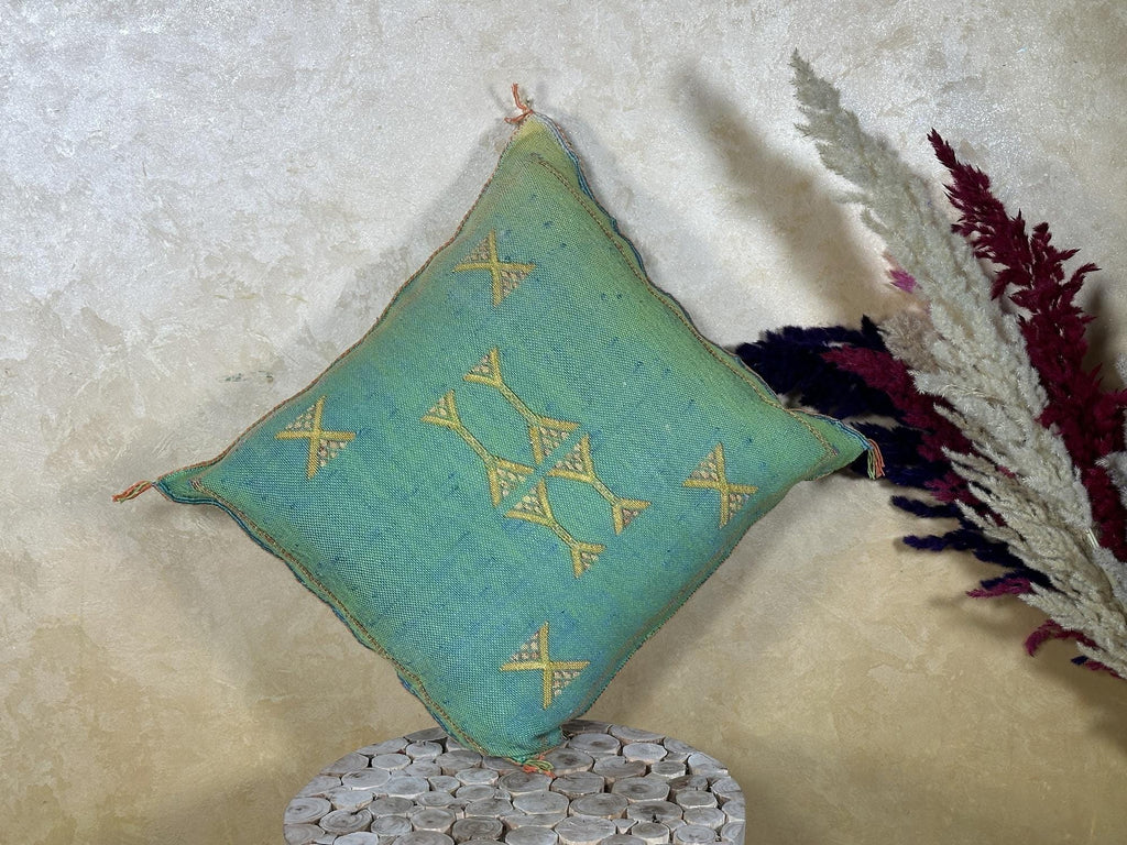 Teal Moroccan Boho Pillow Cover, Handmade Kilim Style Cushion Case with Gold Geometric Embroidery, Fringe - product image 8