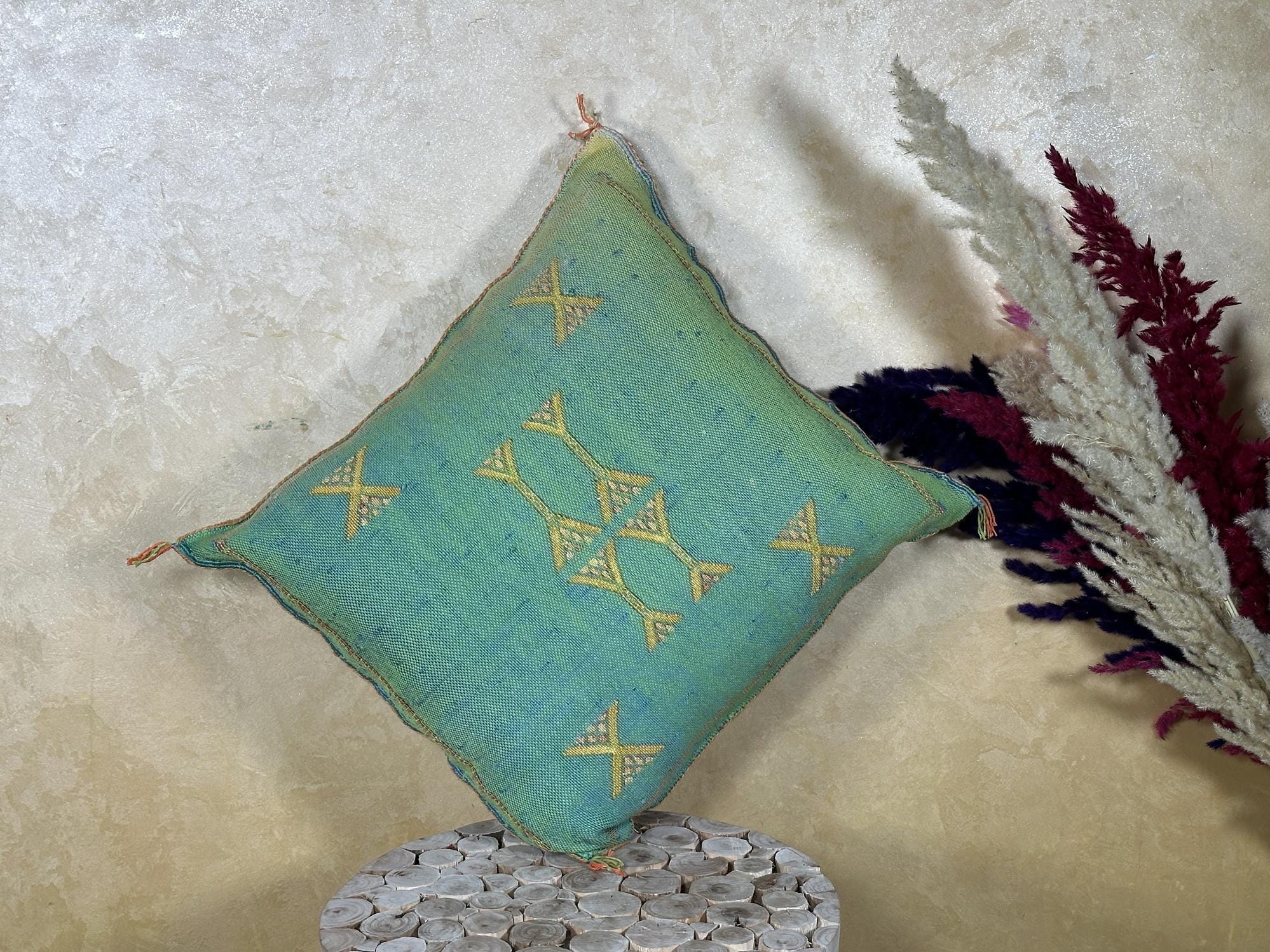 Teal Moroccan Boho Pillow Cover, Handmade Kilim Style Cushion Case with Gold Geometric Embroidery, Fringe - product image 8