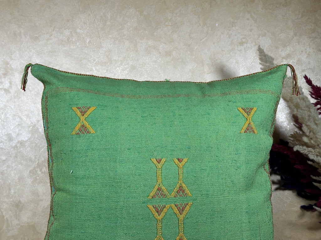 Green Cactus Silk Pillow Cover, Moroccan Sabra Pillow, Berber Boho Cushion with Gold Embroidery, Handmade - product image 5