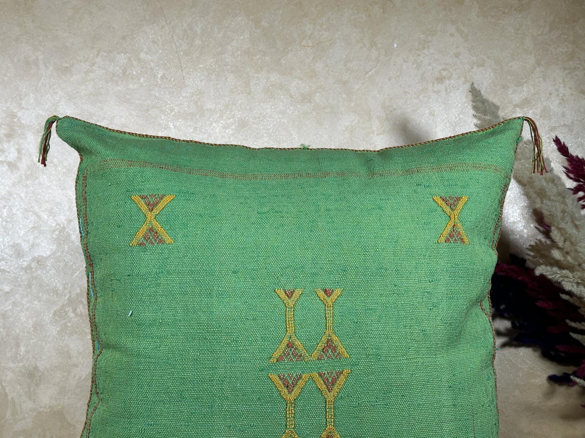 Green Cactus Silk Pillow Cover, Moroccan Sabra Pillow, Berber Boho Cushion with Gold Embroidery, Handmade - product image 5