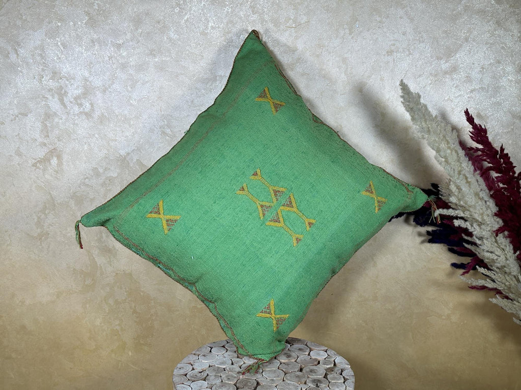 Green Cactus Silk Pillow Cover, Moroccan Sabra Pillow, Berber Boho Cushion with Gold Embroidery, Handmade - product image 8