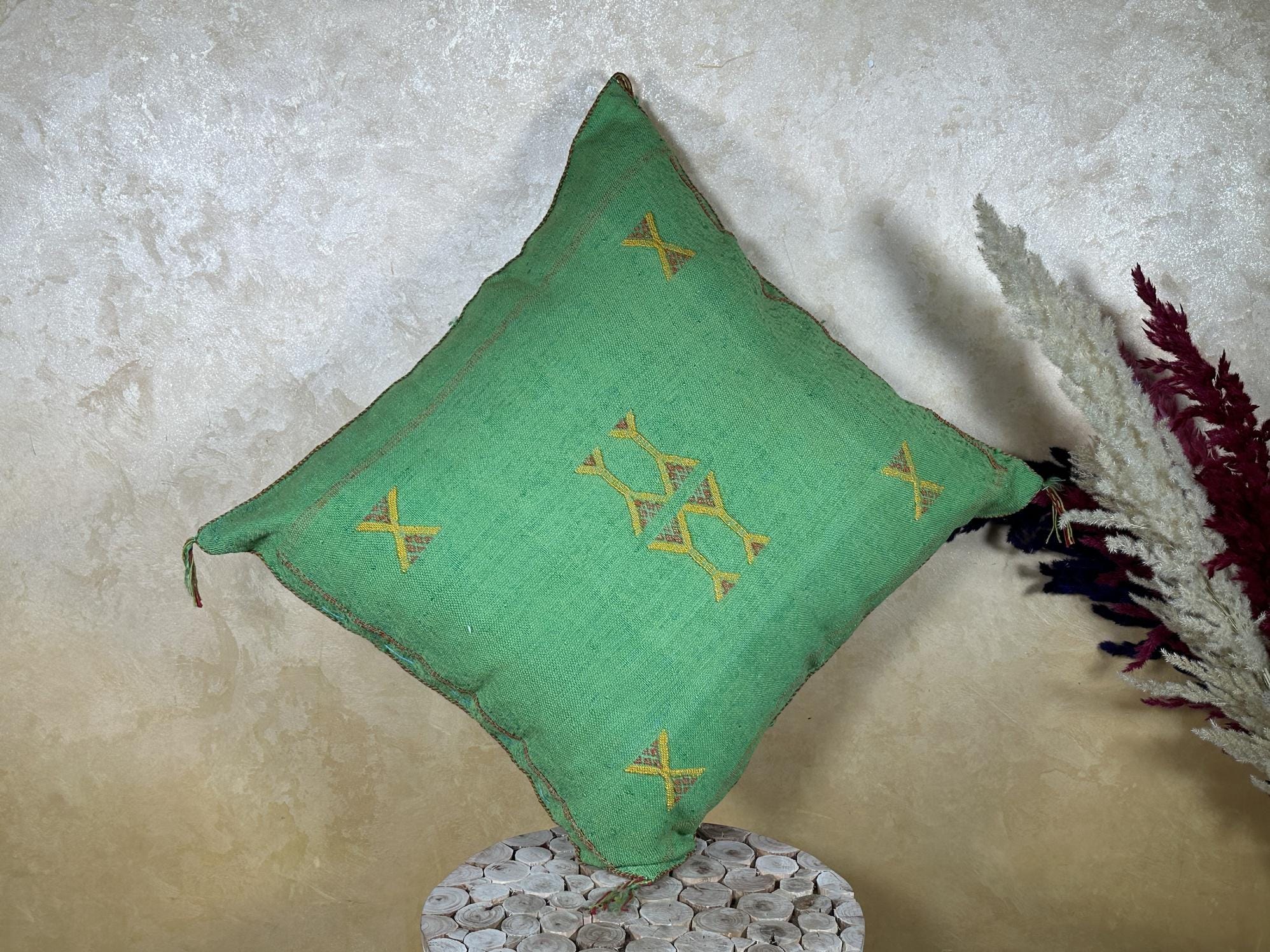 Green Cactus Silk Pillow Cover, Moroccan Sabra Pillow, Berber Boho Cushion with Gold Embroidery, Handmade - product image 8