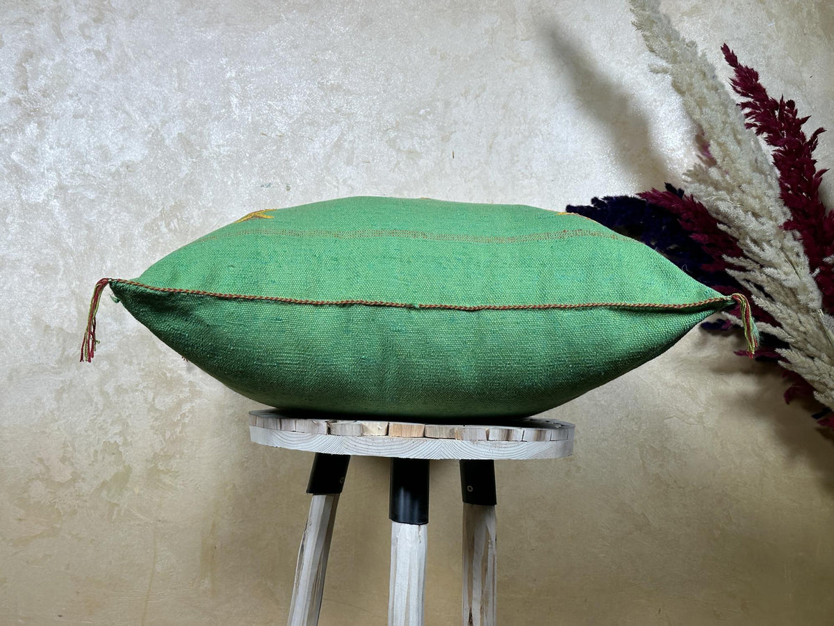 Green Cactus Silk Pillow Cover, Moroccan Sabra Pillow, Berber Boho Cushion with Gold Embroidery, Handmade - product image 9