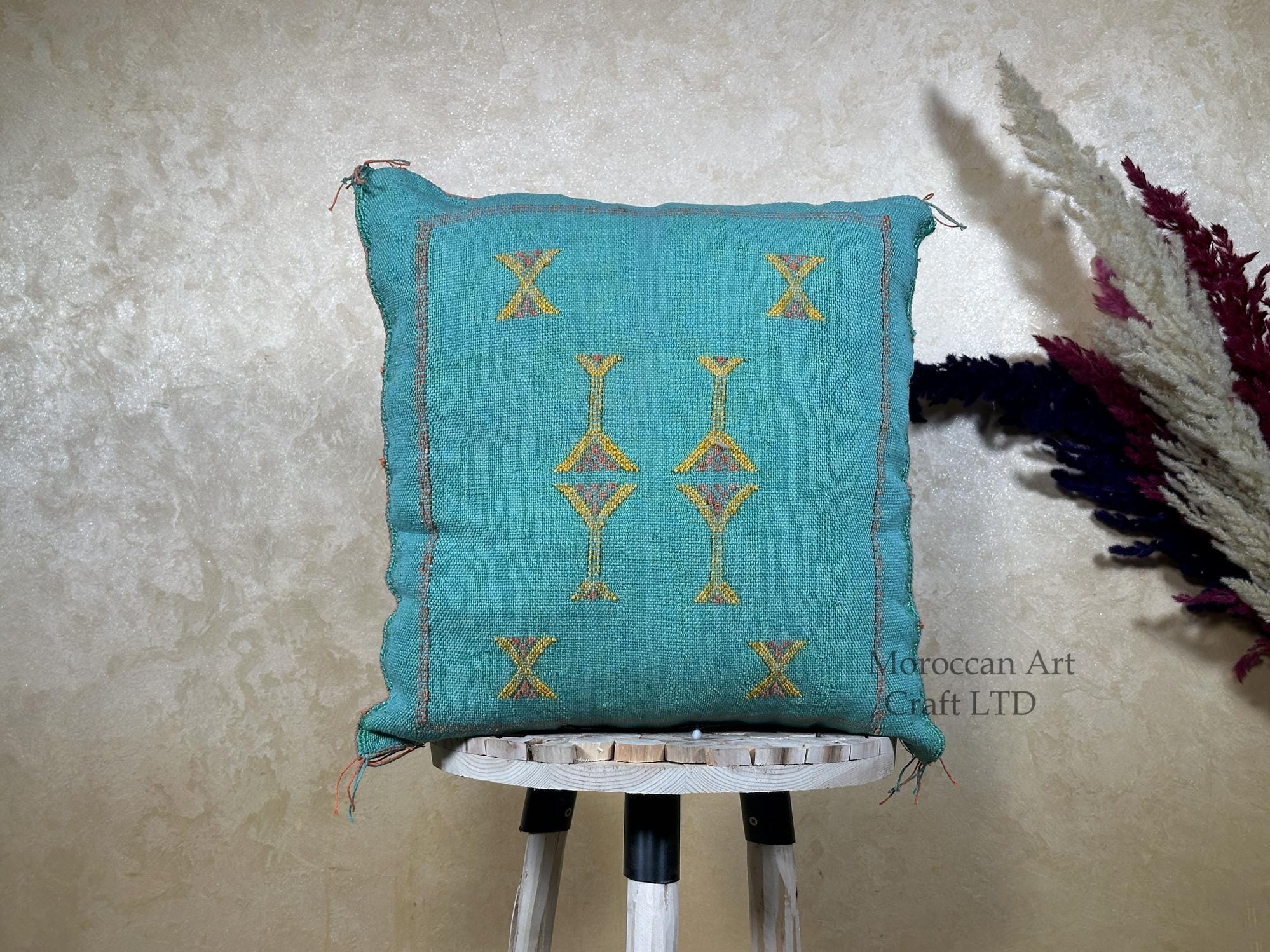 Teal Moroccan Cactus Silk Pillow Cover, Handmade Berber Kilim Cushion, Boho Embroidered Pillow Sham, Luxu - product image 1