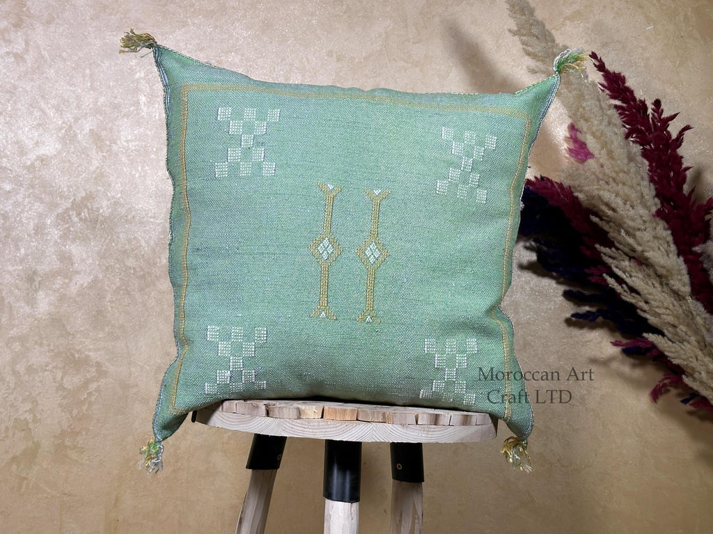 Mint Green Sabra Pillow Cover, Moroccan Boho Cushion, Handmade Cactus Silk Pillowcase With Woven Pattern - product image 1