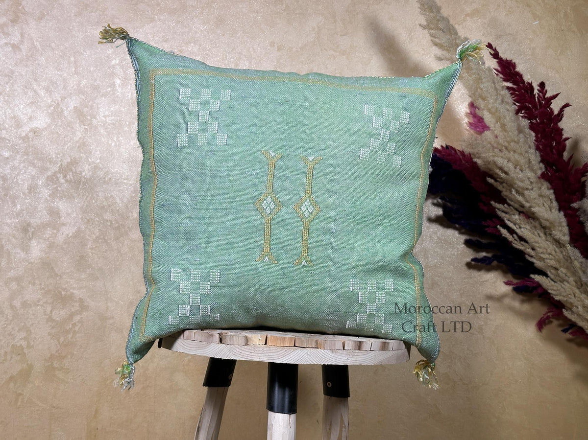 Mint Green Sabra Pillow Cover, Moroccan Boho Cushion, Handmade Cactus Silk Pillowcase With Woven Pattern - product image 1