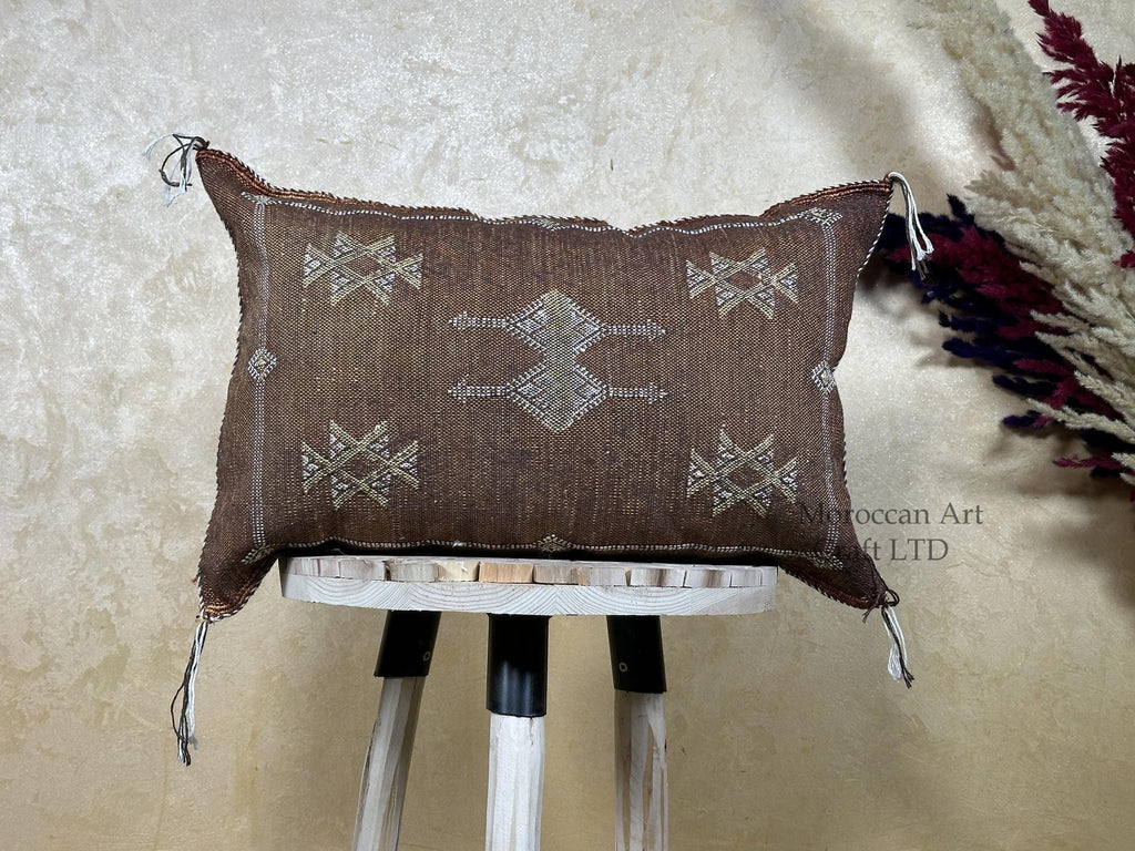 Brown Kilim Pillow Cover, Moroccan Boho Woven Cushion, Handmade Cactus Silk Look Pillowcase, Ivory Accent - product image 1