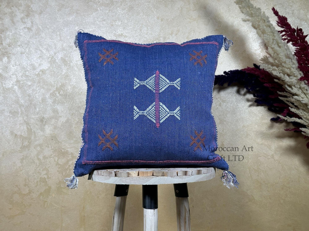 Blue Handmade Moroccan Pillow Cover, Boho Kilim Cushion Cover, Navy Silk Pillow Case, Embroidered Decorat - product image 1