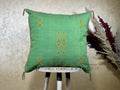 Green Cactus Silk Pillow Cover, Moroccan Sabra Pillow, Berber Boho Cushion with Gold Embroidery, Handmade - product image 1