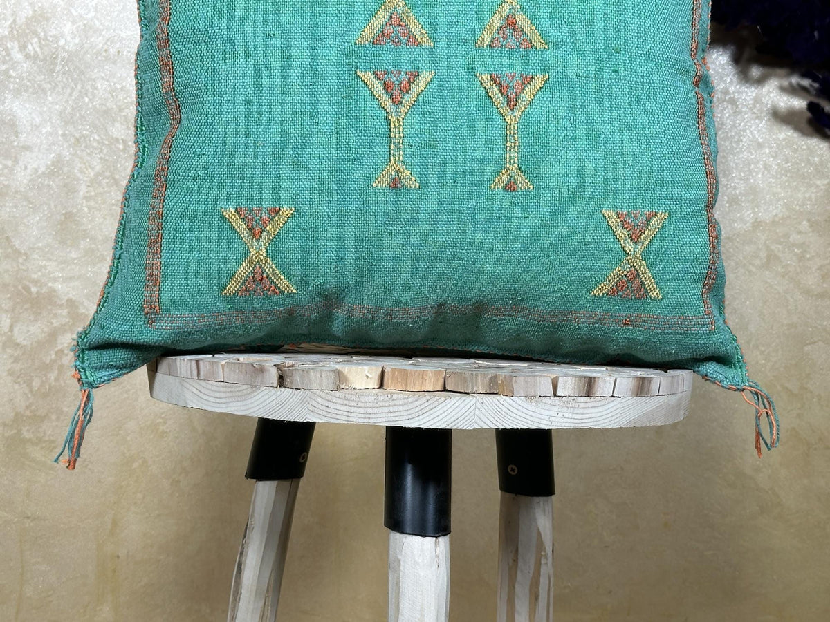Teal Moroccan Cactus Silk Pillow Cover, Handmade Boho Cushion, Embroidered Geometric Sabra Pillowcase, Lu - product image 2
