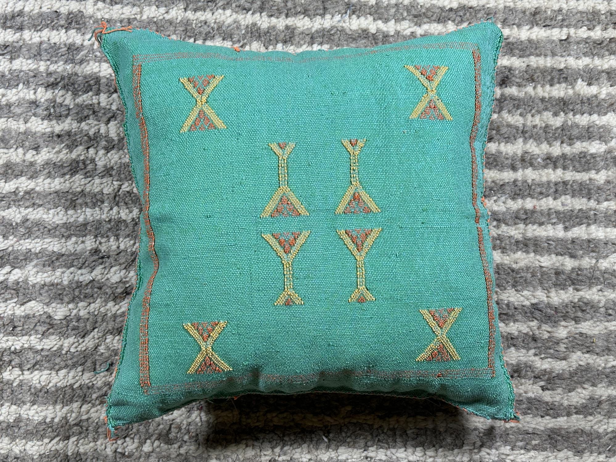 Teal Moroccan Cactus Silk Pillow Cover, Handmade Boho Cushion, Embroidered Geometric Sabra Pillowcase, Lu - product image 10