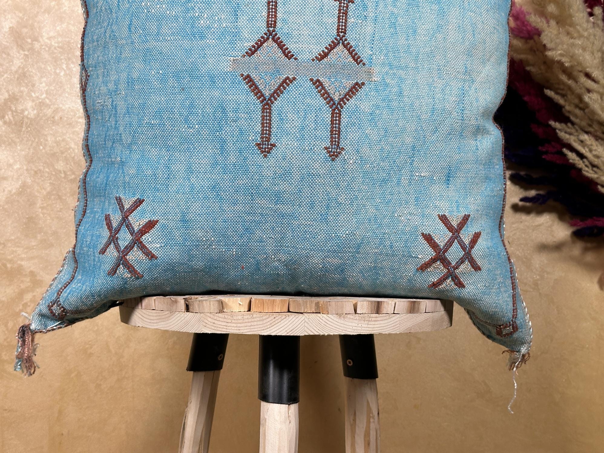 Blue Moroccan Silk Pillow Cover, Handmade Boho Embroidered Pillowcase, Brown Accent Cushion for Sofa Bed - product image 3