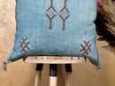 Blue Moroccan Silk Pillow Cover, Handmade Boho Embroidered Pillowcase, Brown Accent Cushion for Sofa Bed - product image 3