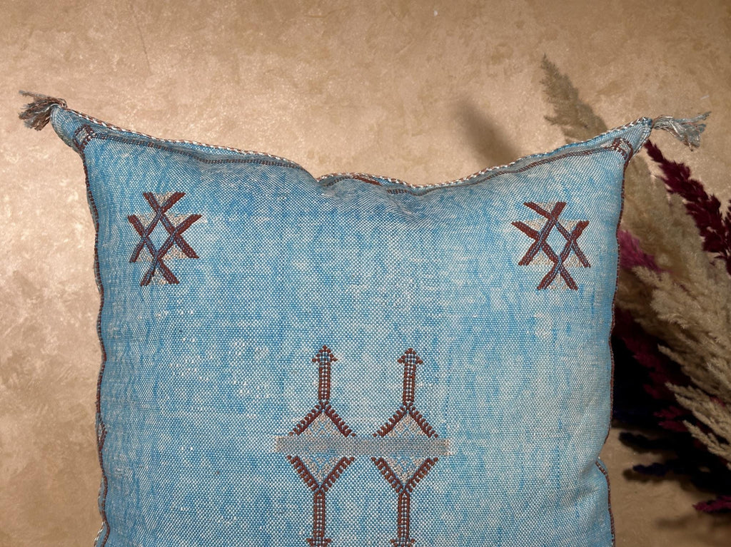 Blue Moroccan Silk Pillow Cover, Handmade Boho Embroidered Pillowcase, Brown Accent Cushion for Sofa Bed - product image 8