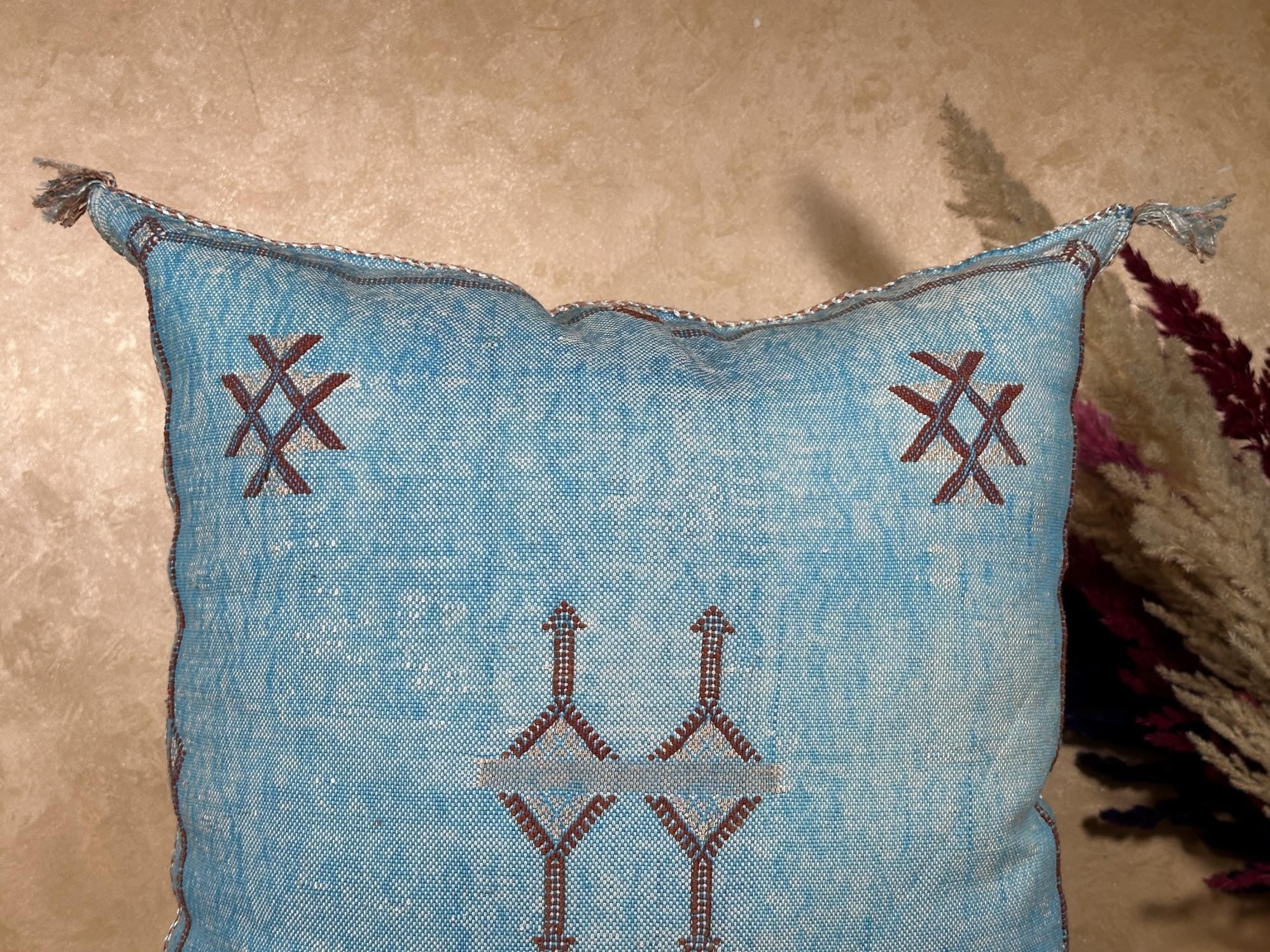 Blue Moroccan Silk Pillow Cover, Handmade Boho Embroidered Pillowcase, Brown Accent Cushion for Sofa Bed - product image 8