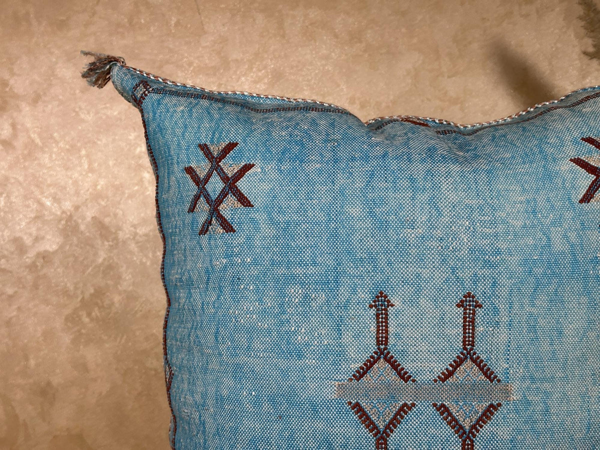 Blue Moroccan Silk Pillow Cover, Handmade Boho Embroidered Pillowcase, Brown Accent Cushion for Sofa Bed - product image 5