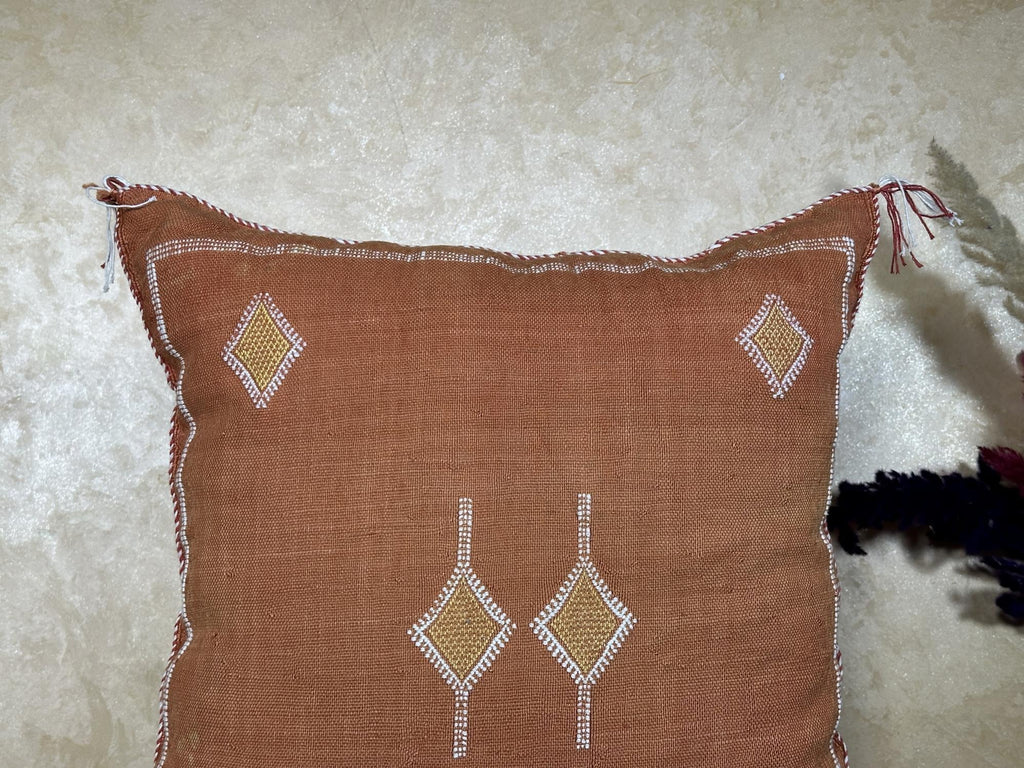 Terracotta Moroccan Pillow Cover, Handmade Boho Cushion with Geometric Embroidery, Woven Sabra Style Pill - product image 3