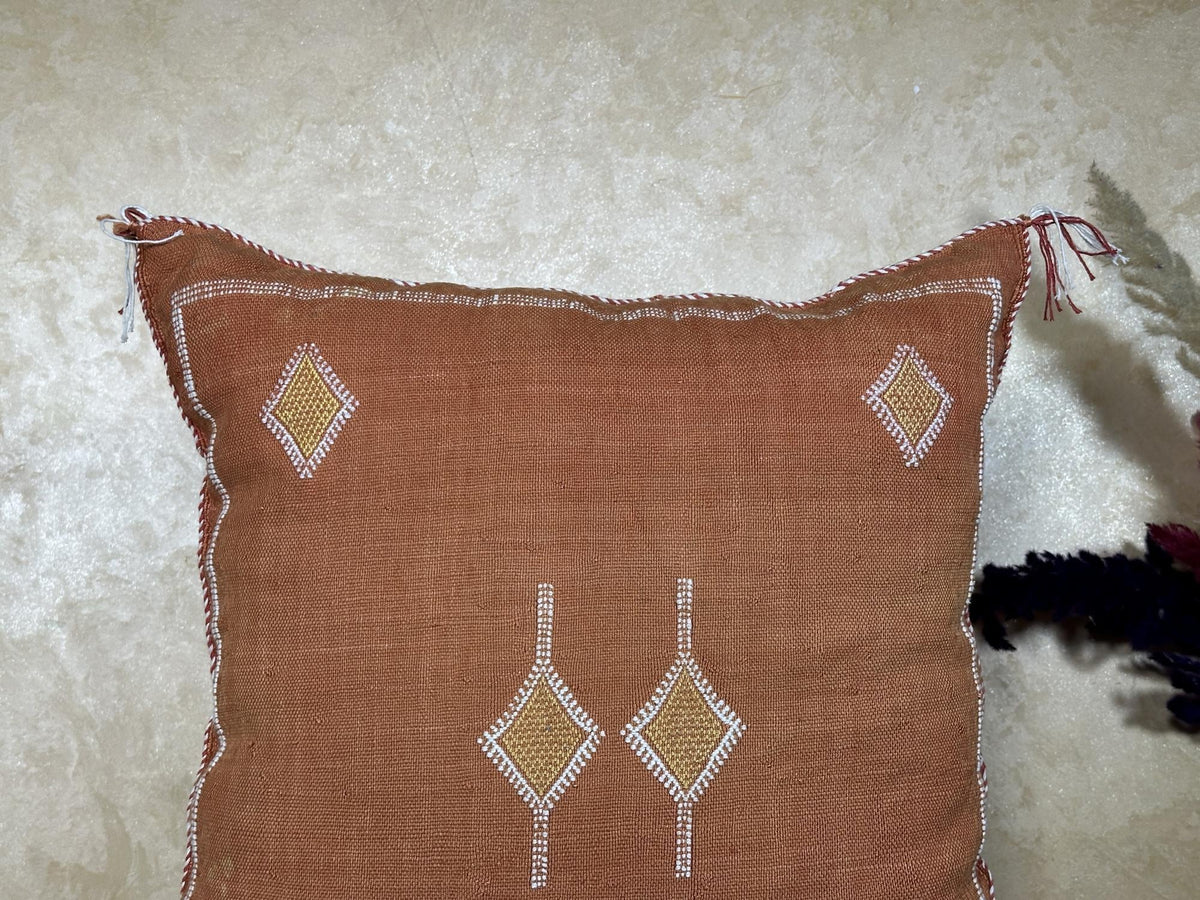 Terracotta Moroccan Pillow Cover, Handmade Boho Cushion with Geometric Embroidery, Woven Sabra Style Pill - product image 3