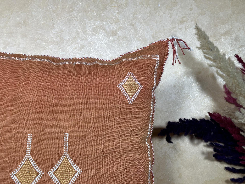Terracotta Moroccan Pillow Cover, Handmade Boho Cushion with Geometric Embroidery, Woven Sabra Style Pill - product image 6