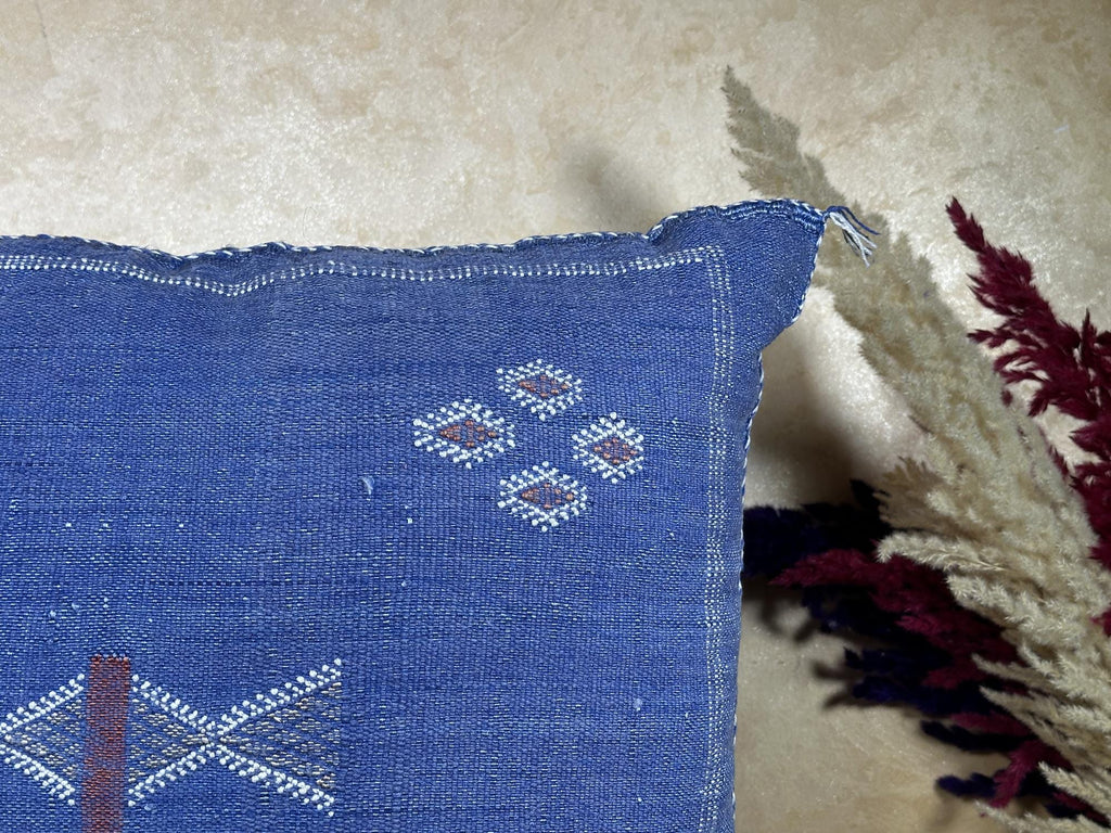 Blue Moroccan Silk Pillow Cover, Handmade Berber Boho Cushion, Kilim Geo Embroidered Pillowcase, Euro Sha - product image 5