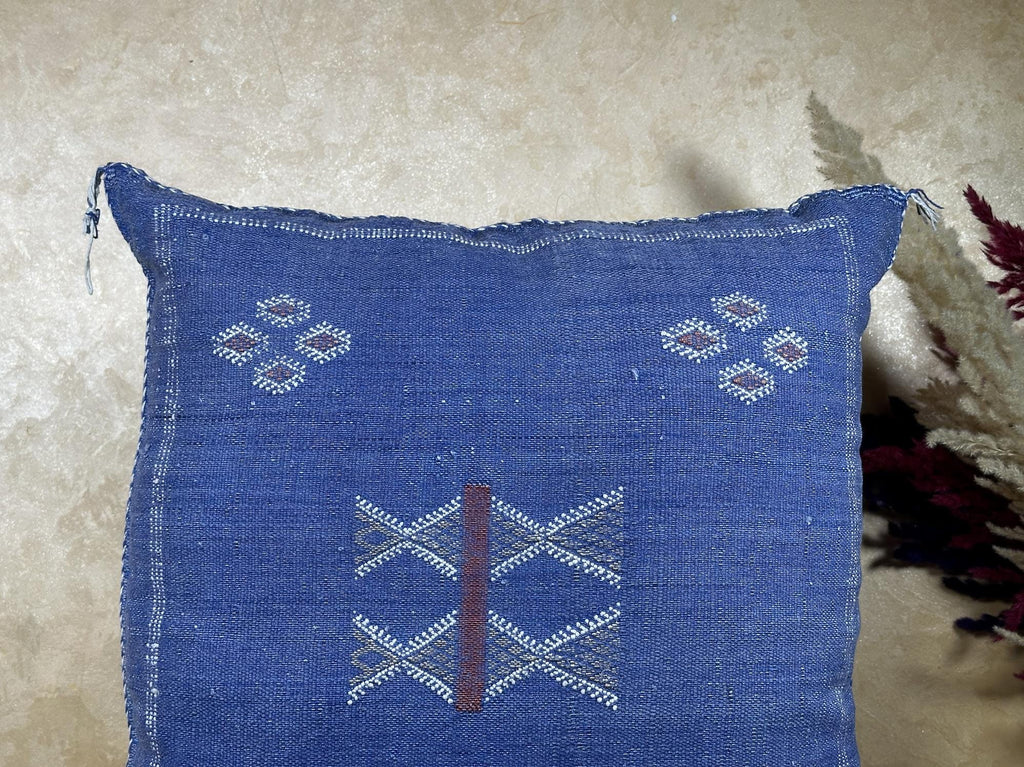 Blue Moroccan Silk Pillow Cover, Handmade Berber Boho Cushion, Kilim Geo Embroidered Pillowcase, Euro Sha - product image 4