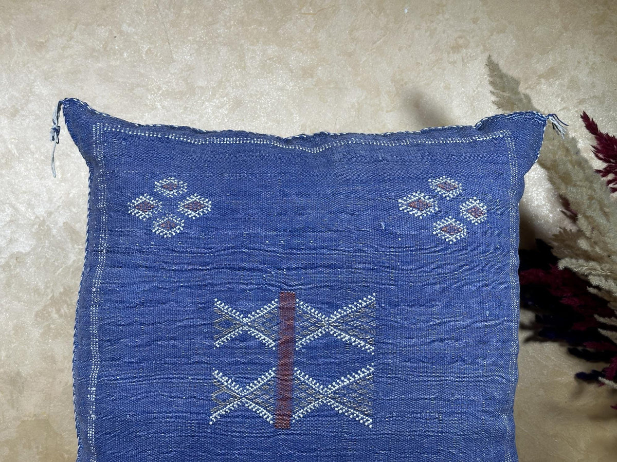 Blue Moroccan Silk Pillow Cover, Handmade Berber Boho Cushion, Kilim Geo Embroidered Pillowcase, Euro Sha - product image 4