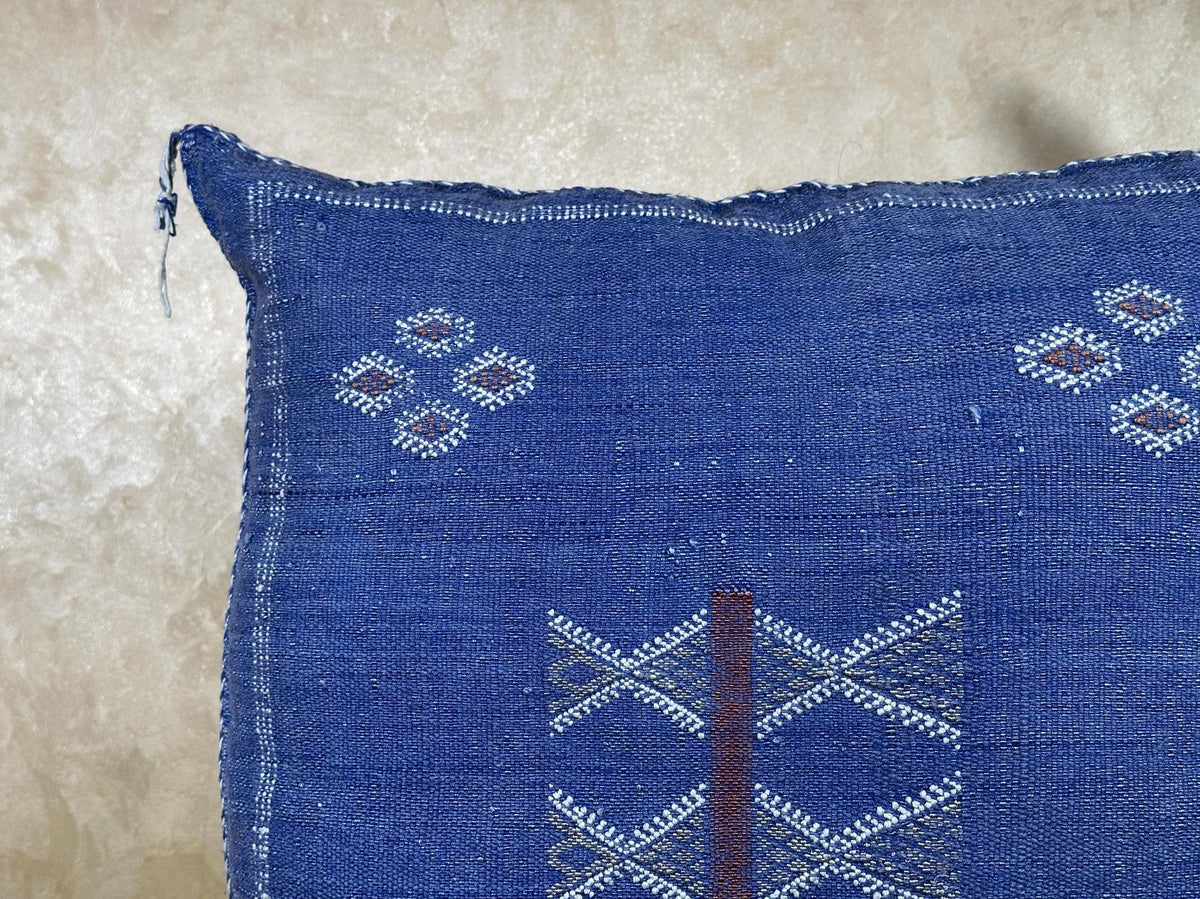 Blue Moroccan Silk Pillow Cover, Handmade Berber Boho Cushion, Kilim Geo Embroidered Pillowcase, Euro Sha - product image 7