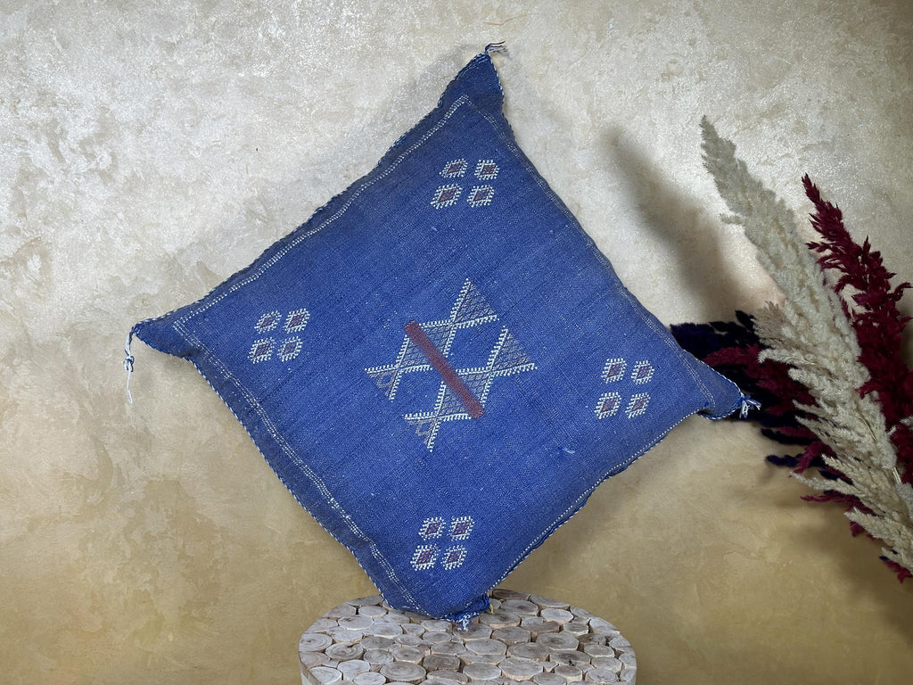 Blue Moroccan Silk Pillow Cover, Handmade Berber Boho Cushion, Kilim Geo Embroidered Pillowcase, Euro Sha - product image 9