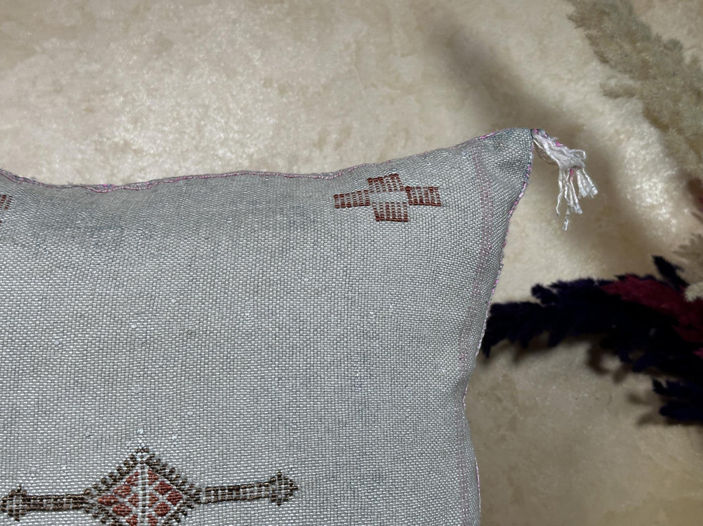 Silver Silk Pillow Cover, Handmade Moroccan Sabra Pillow Cover, Boho Berber Cushion Case With Embroidery - product image 2