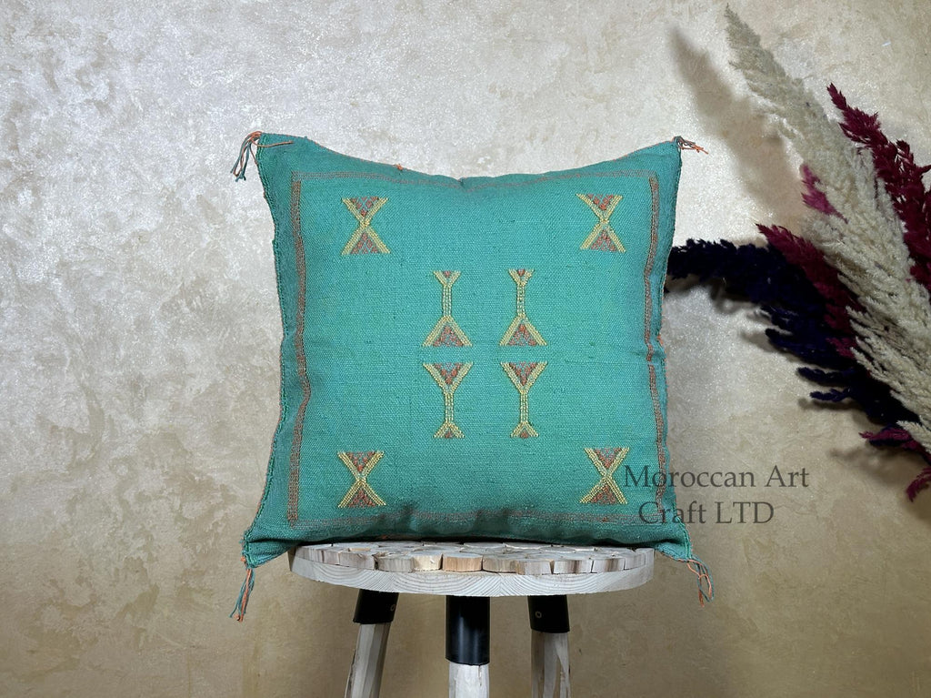 Teal Moroccan Cactus Silk Pillow Cover, Handmade Boho Cushion, Embroidered Geometric Sabra Pillowcase, Lu - product image 1