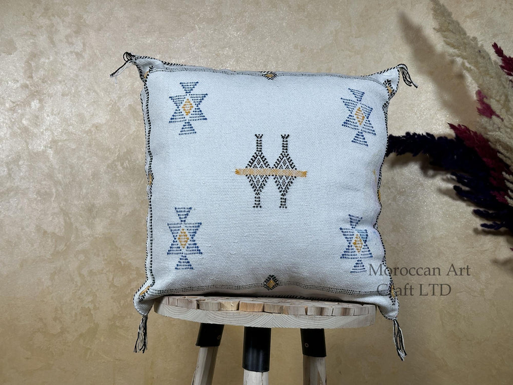 Light Blue Sabra Silk Pillow Cover, Moroccan Boho Woven Cushion Cover, Geometric Kilim Throw Pillow, Hand - product image 1