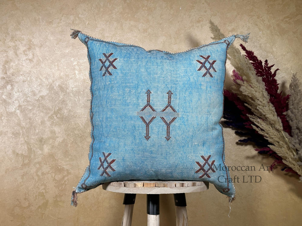 Blue Moroccan Silk Pillow Cover, Handmade Boho Embroidered Pillowcase, Brown Accent Cushion for Sofa Bed - product image 1