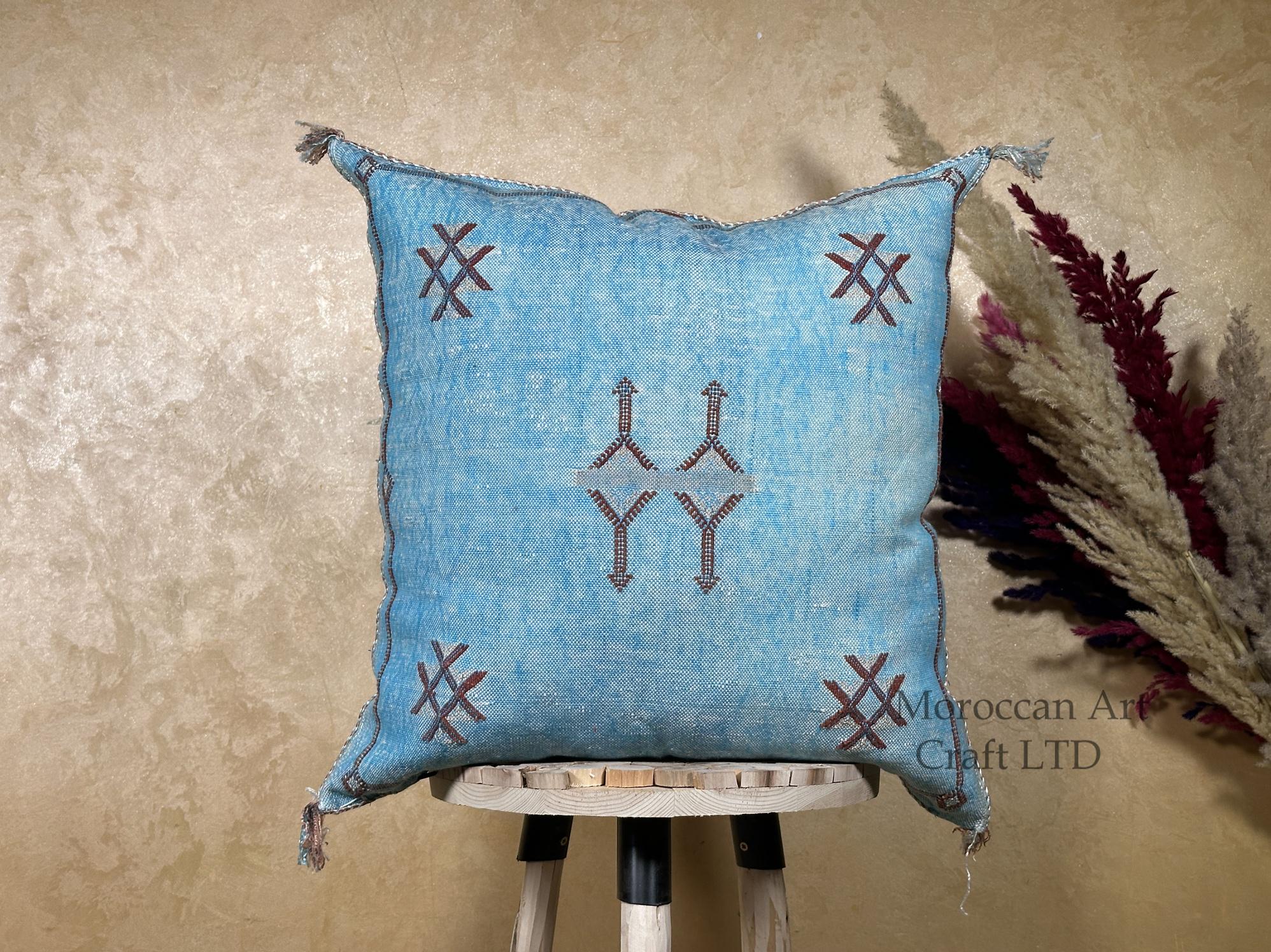 Blue Moroccan Silk Pillow Cover, Handmade Boho Embroidered Pillowcase, Brown Accent Cushion for Sofa Bed - product image 1