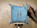 Blue Moroccan Silk Pillow Cover, Handmade Boho Embroidered Pillowcase, Brown Accent Cushion for Sofa Bed - product image 1