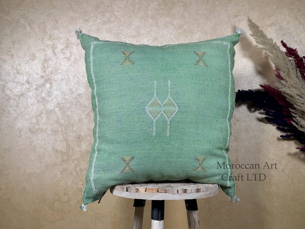 Sage Green Cactus Silk Pillow Cover, Moroccan Boho Cushion, Green and Gold Kilim Pillow, Handmade Luxury - product image 1