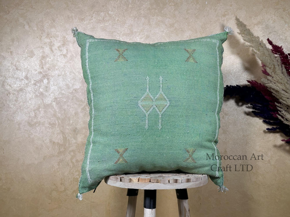 Sage Green Cactus Silk Pillow Cover, Moroccan Boho Cushion, Green and Gold Kilim Pillow, Handmade Luxury - product image 1