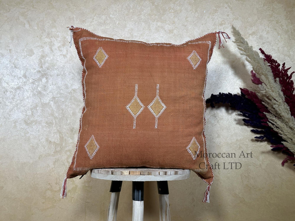 Terracotta Moroccan Pillow Cover, Handmade Boho Cushion with Geometric Embroidery, Woven Sabra Style Pill - product image 1