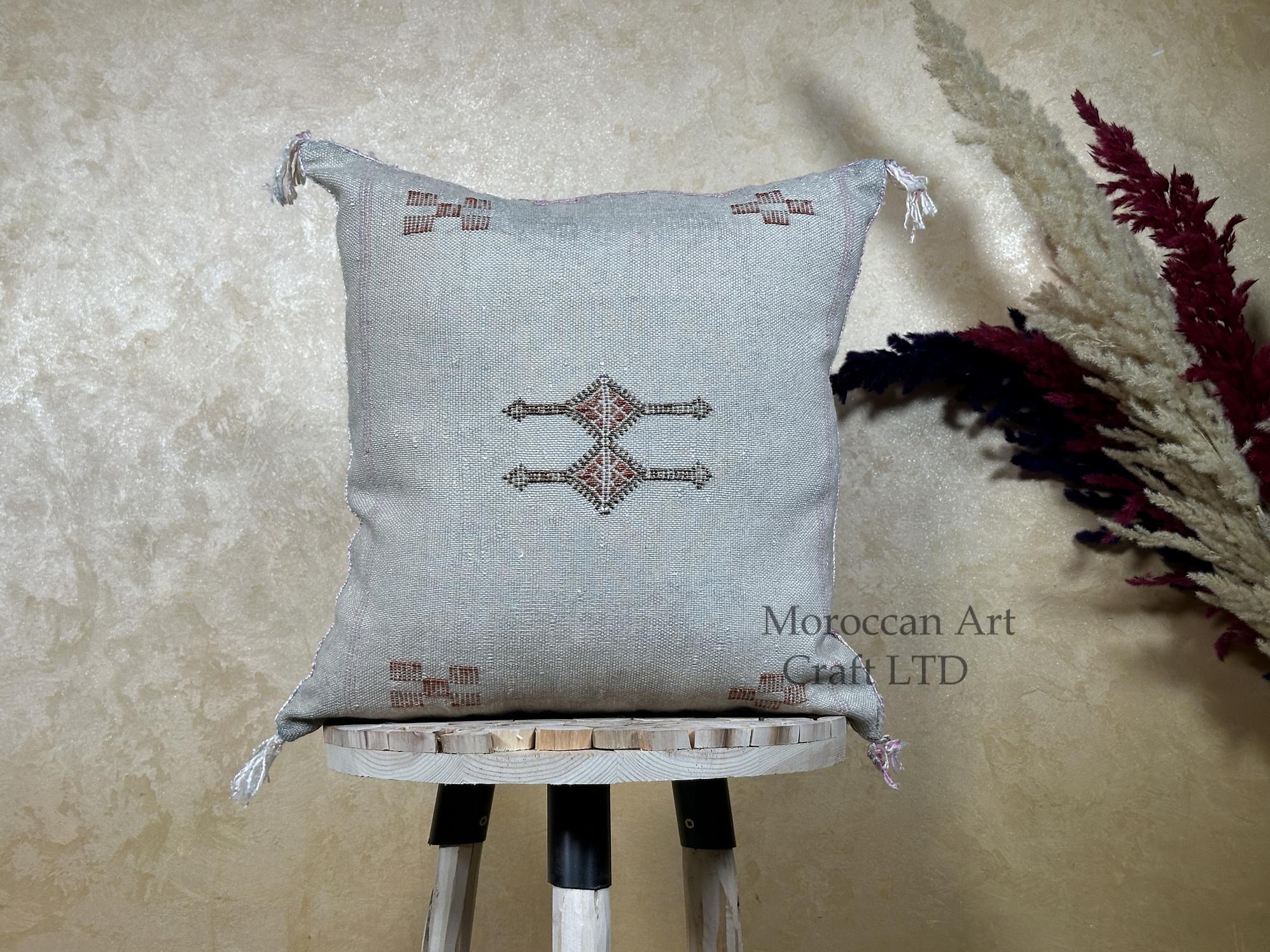 Silver Silk Pillow Cover, Handmade Moroccan Sabra Pillow Cover, Boho Berber Cushion Case With Embroidery - product image 1