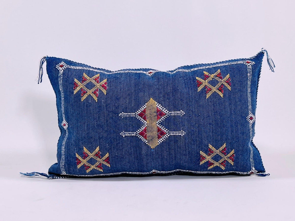 Cobalt Blue Moroccan Silk Pillow Cover, Gold Red Geometric Embroidered Kilim Boho Cushion, Handmade Decor - product image 2