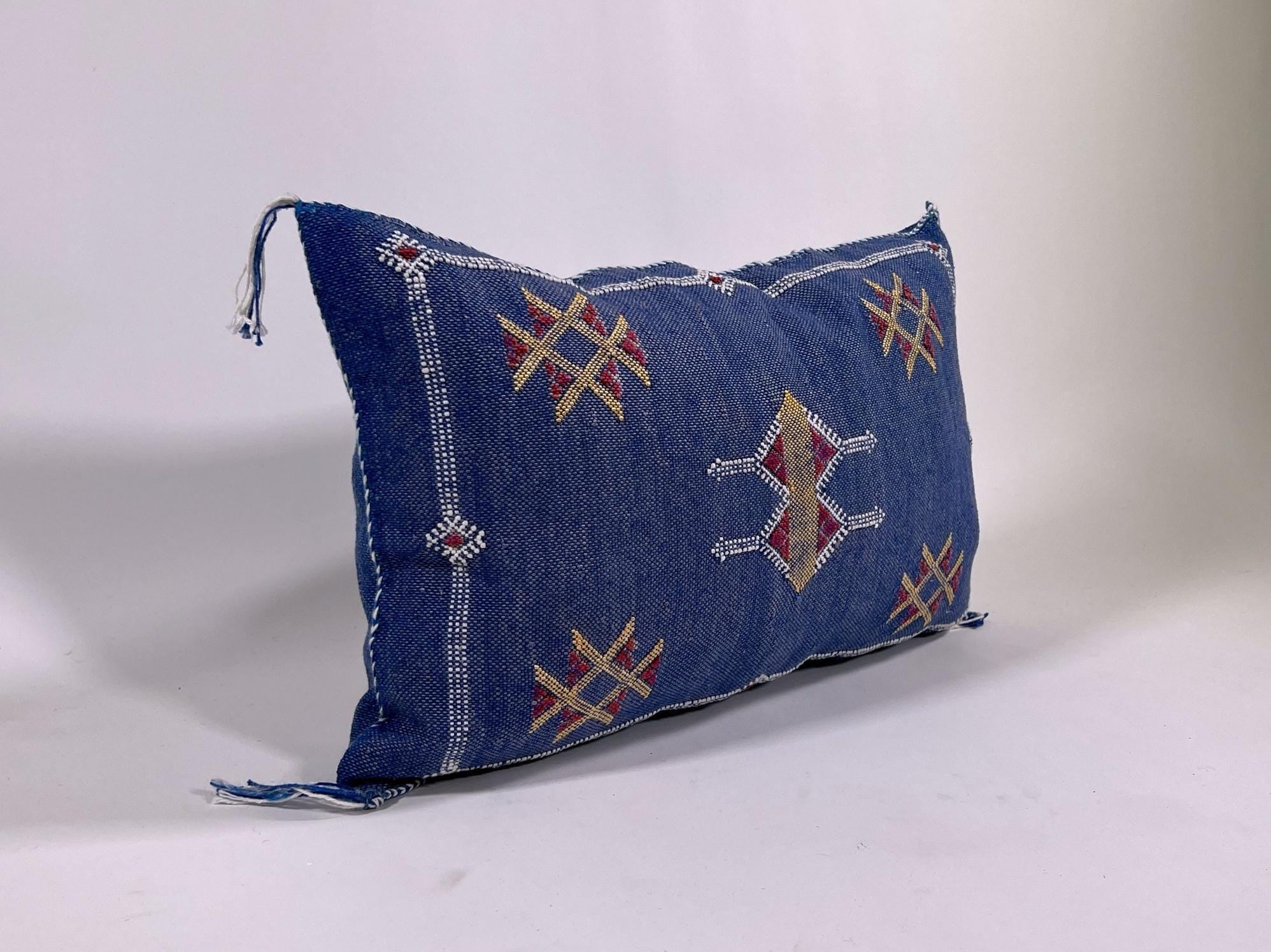 Cobalt Blue Moroccan Silk Pillow Cover, Gold Red Geometric Embroidered Kilim Boho Cushion, Handmade Decor - product image 4