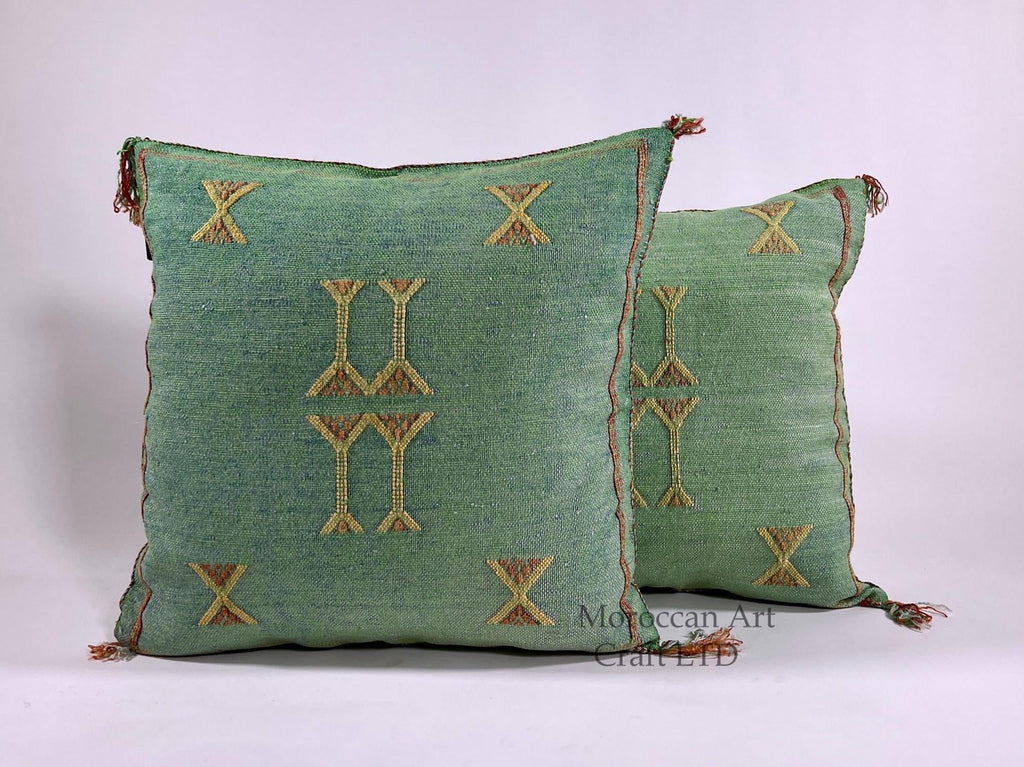 Green Teal Moroccan Silk Pillow Cover, Berber Kilim Boho Cushion, Handmade Bohemian Throw Pillow Cover - product image 1