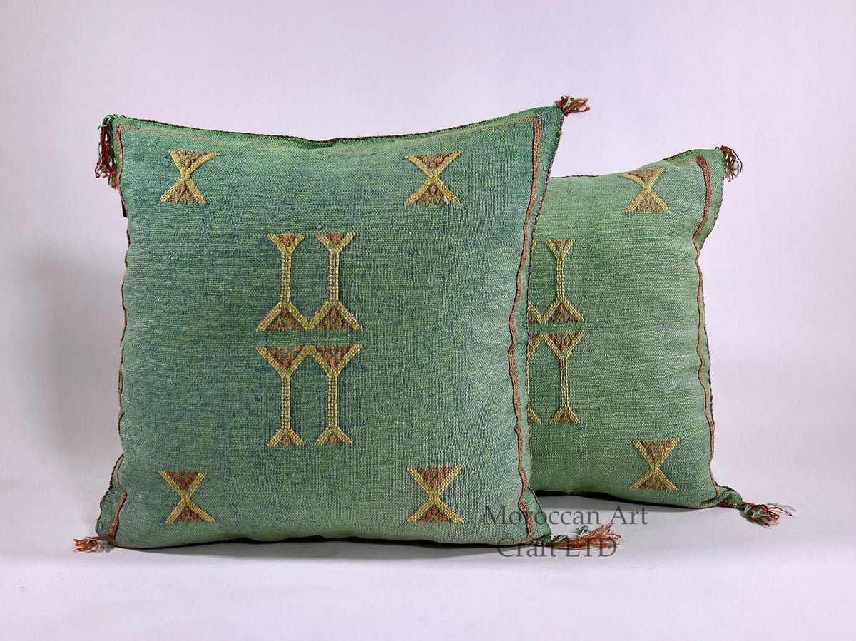 Green Teal Moroccan Silk Pillow Cover, Berber Kilim Boho Cushion, Handmade Bohemian Throw Pillow Cover - product image 1