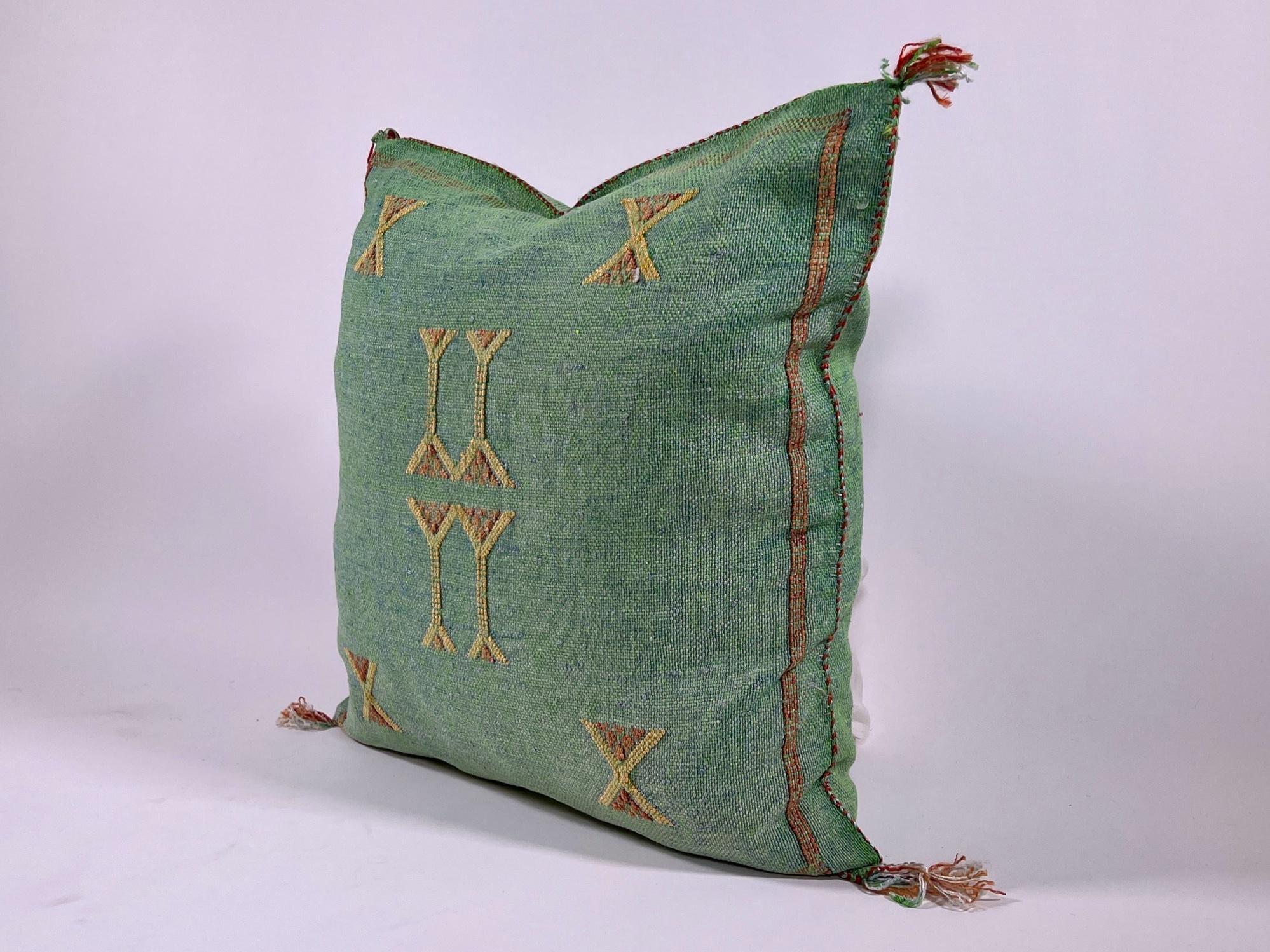 Green Teal Moroccan Silk Pillow Cover, Berber Kilim Boho Cushion, Handmade Bohemian Throw Pillow Cover - product image 3