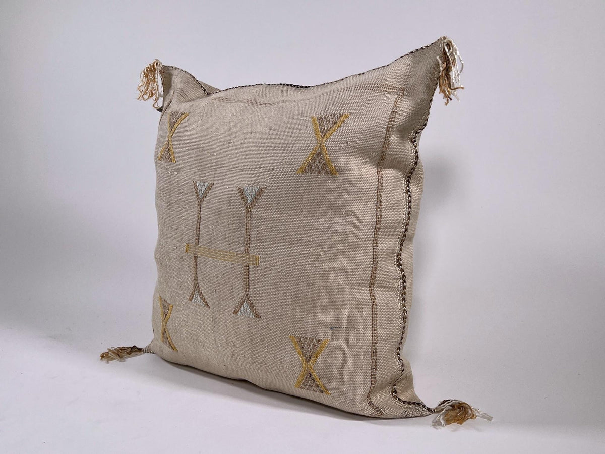 Beige Moroccan Silk Pillow Cover, Handmade Berber Boho Cushion with Gold Embroidery, Beni Ourain Style Fr - product image 4