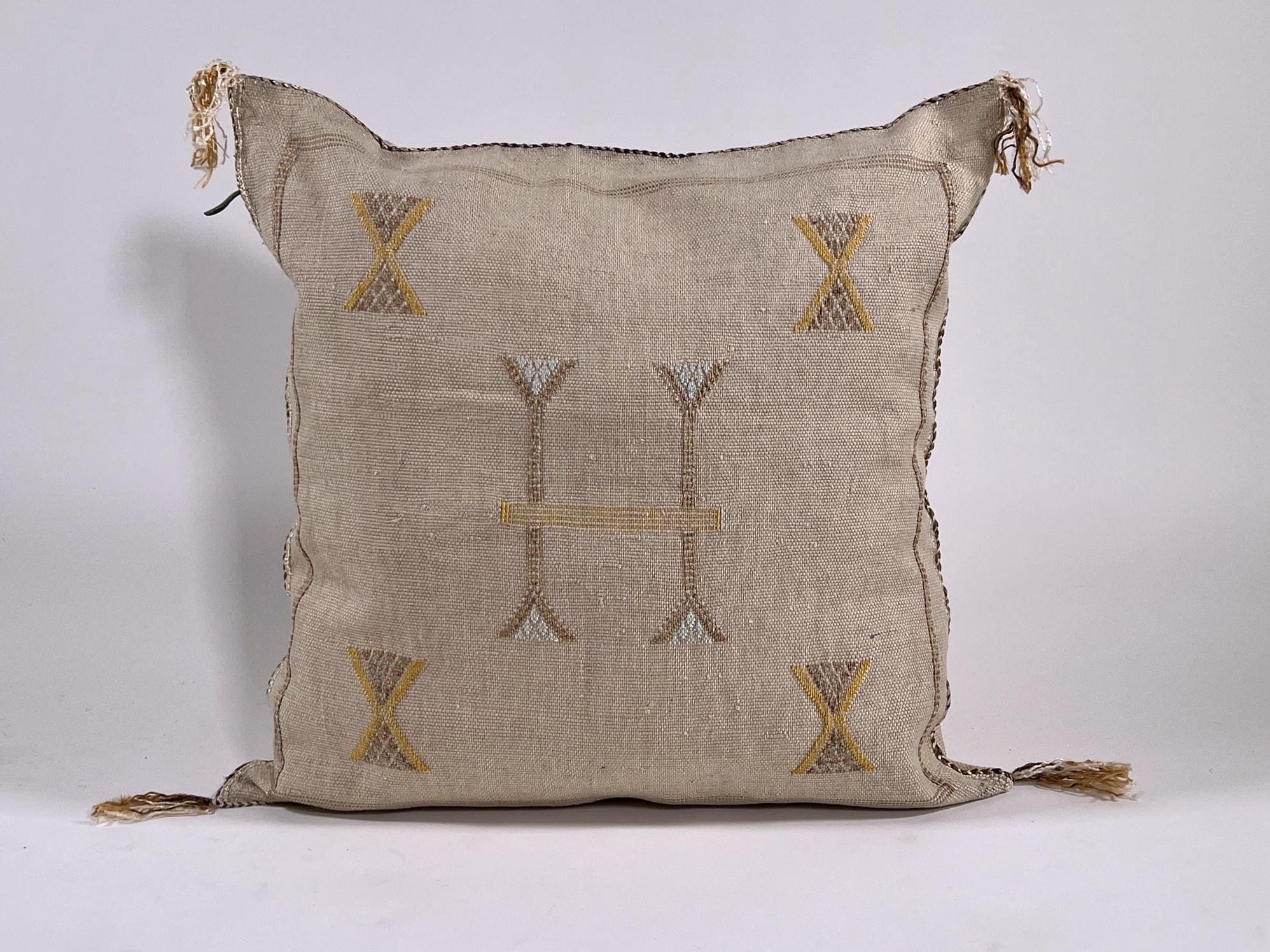 Beige Moroccan Silk Pillow Cover, Handmade Berber Boho Cushion with Gold Embroidery, Beni Ourain Style Fr - product image 3