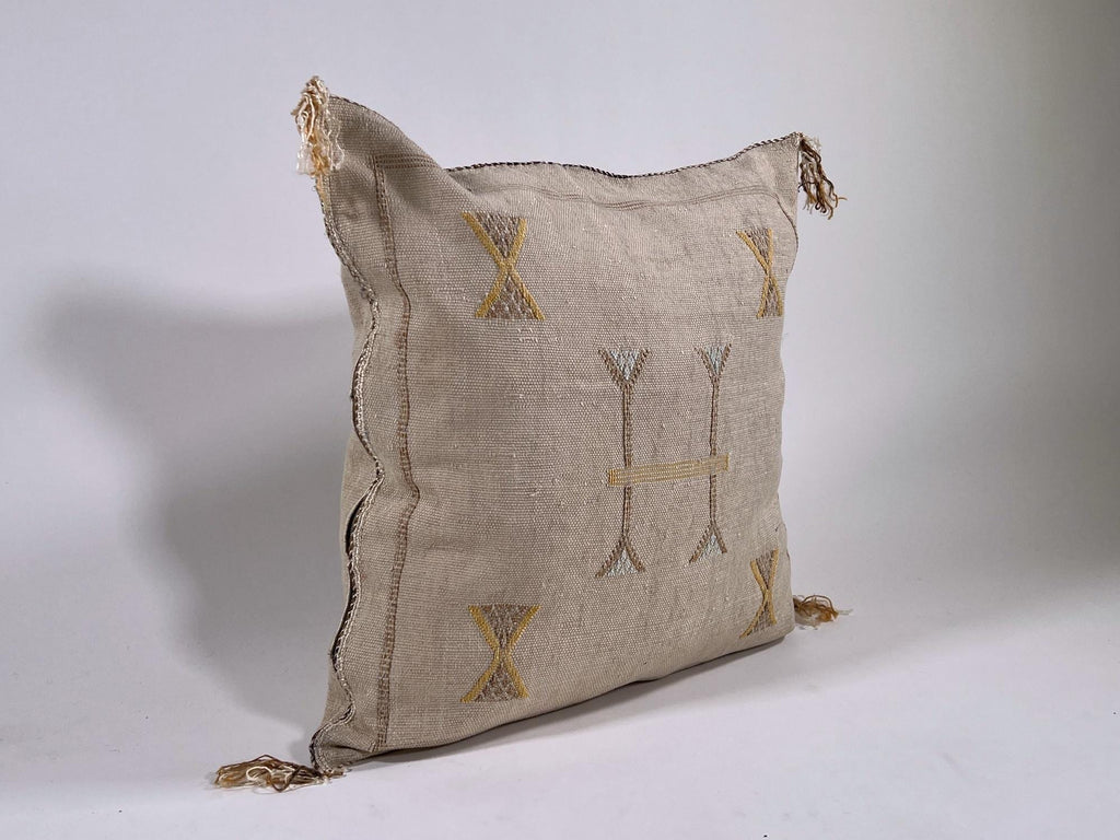 Beige Moroccan Silk Pillow Cover, Handmade Berber Boho Cushion with Gold Embroidery, Beni Ourain Style Fr - product image 5