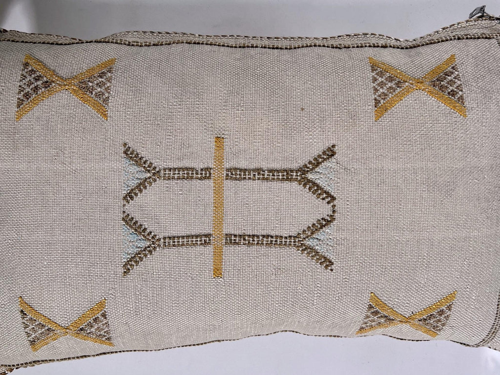 Beige Moroccan Silk Pillow Cover, Handmade Berber Boho Cushion with Gold Embroidery, Beni Ourain Style Fr - product image 8